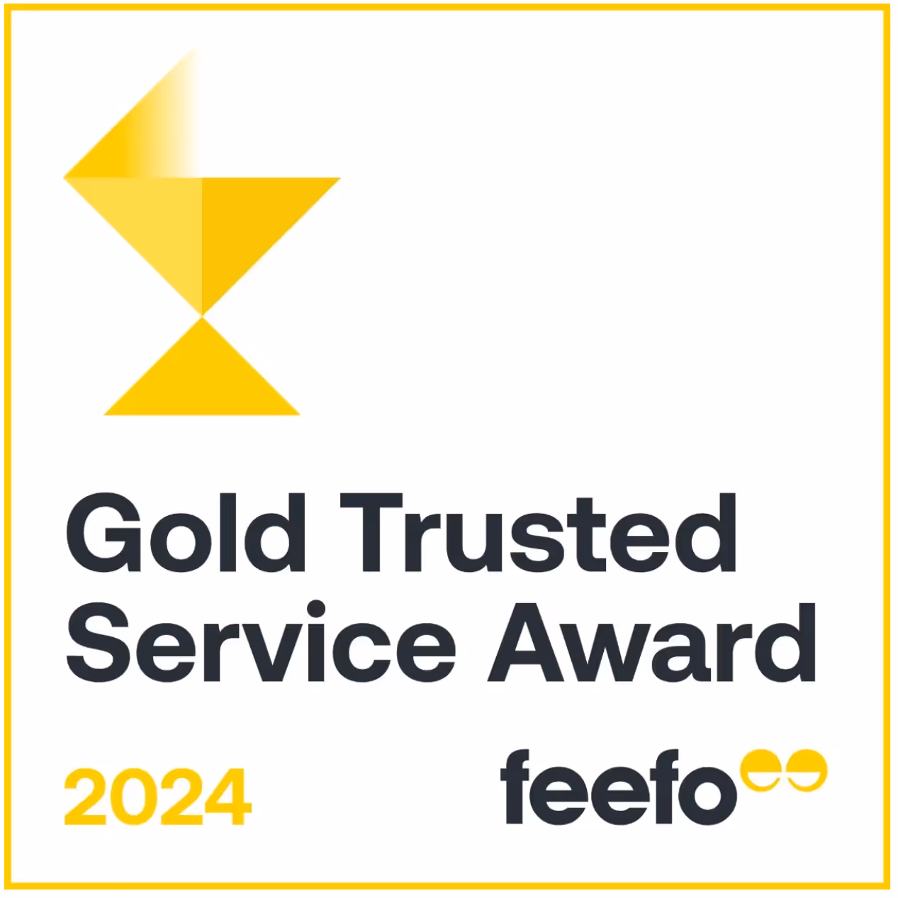 A logo featuring a yellow geometric trophy representing the Gold Trusted Service Award 2024 from Feefo, with the text 'Gold Trusted Service Award 2024 Feefo' displayed in bold black lettering.