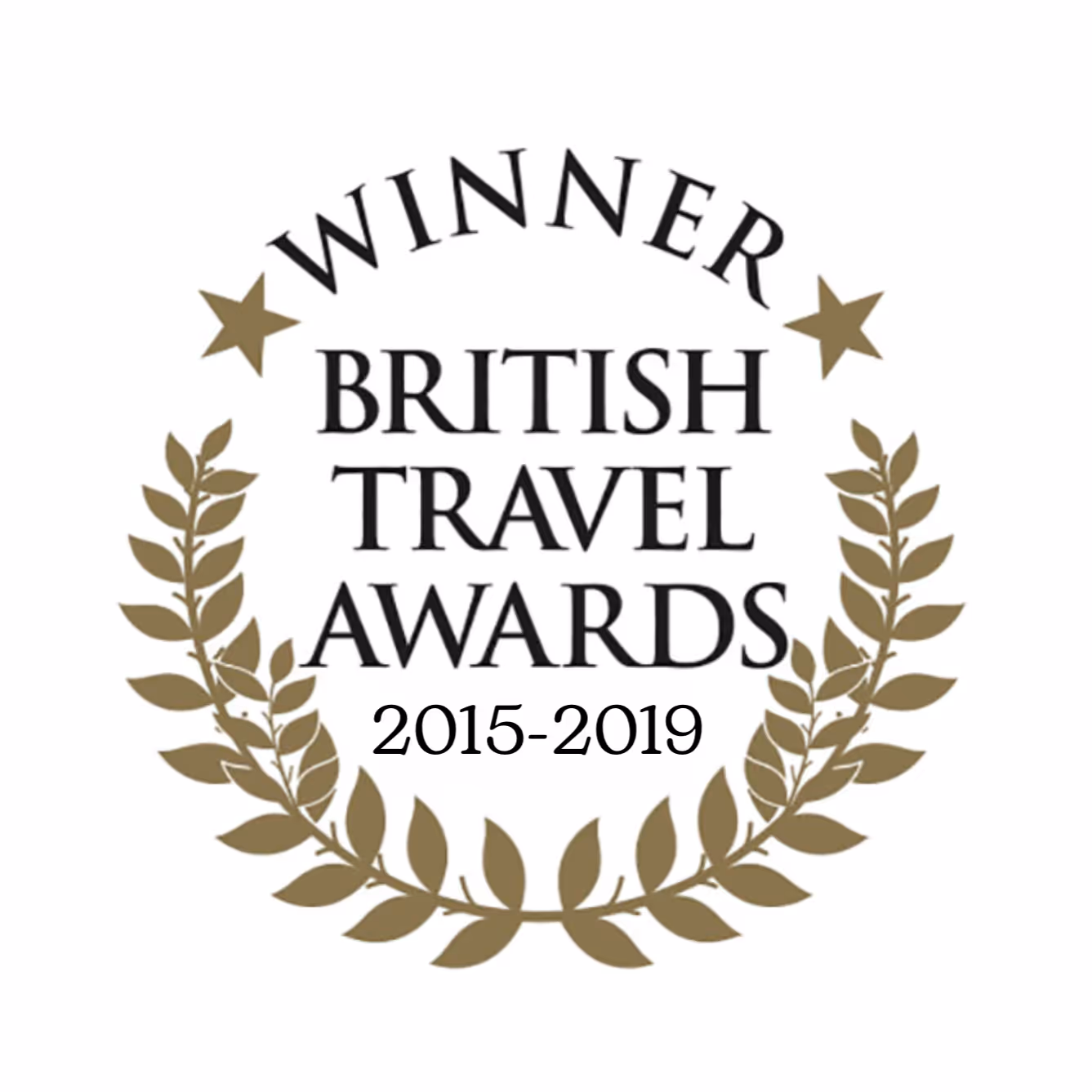 Winner of British Travel Awards 2015-2019 badge with laurel wreath and stars.