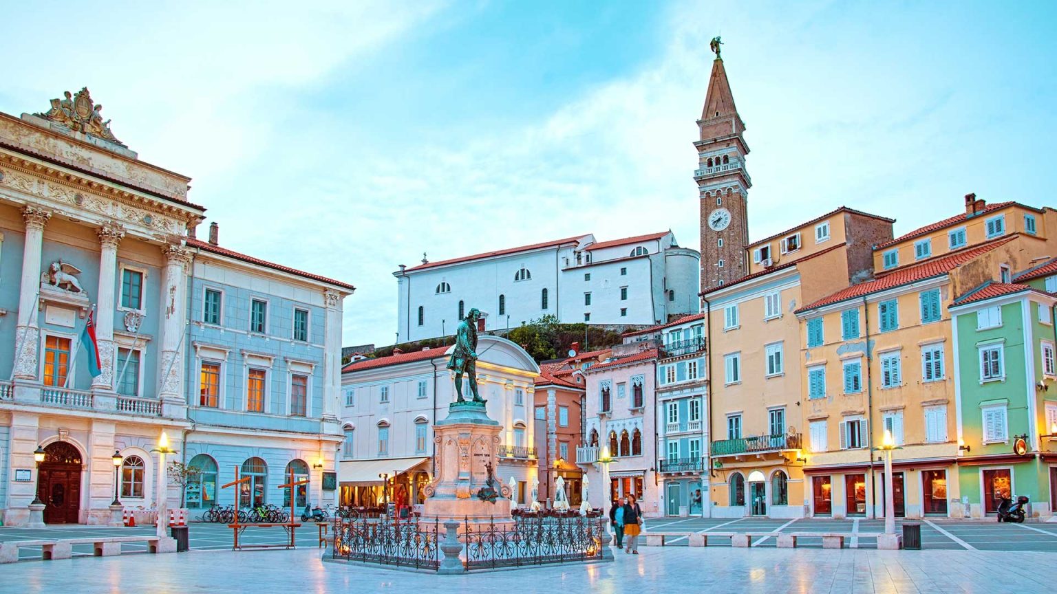Coastal town of Piran, Slovenia with historic architecture and Adriatic Sea views.