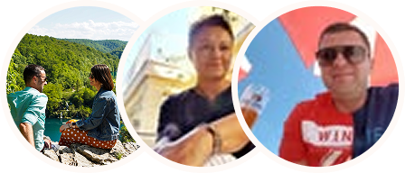 Three circular images: a couple sitting by a river surrounded by green hills, a person relaxed with a drink, and another person in sunglasses sitting under an umbrella.