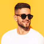 Portrait Handsome Smiling Model Sexy Stylish Man Dressed Summer Clothes Fashion Hipster Male Posing Near Yellow Wall Studio