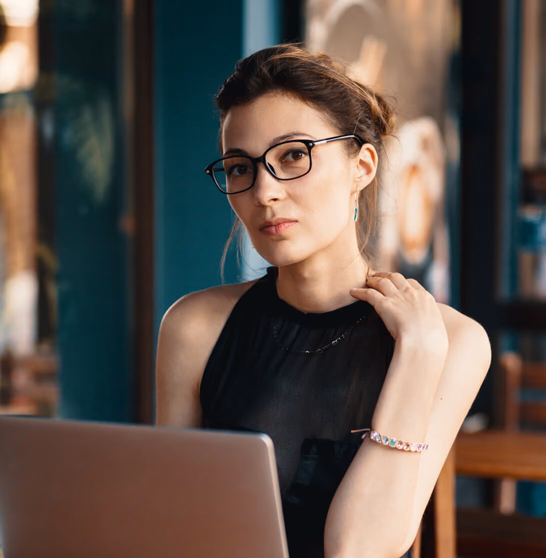 Refined Business Woman Glasses Sitting Table Cafe Work