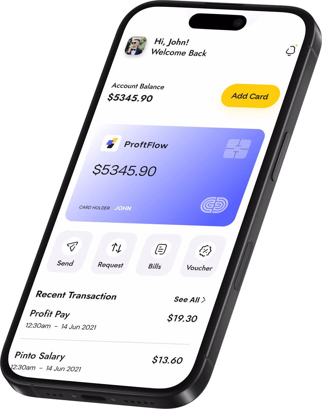 Mobile banking app screen showing account balance of $5345.90, a blue FiscalFlow card, buttons for Send, Request, Bills, Voucher, and recent transactions including Amazon Pay for $19.30 and Pinto Salary for $13.60.