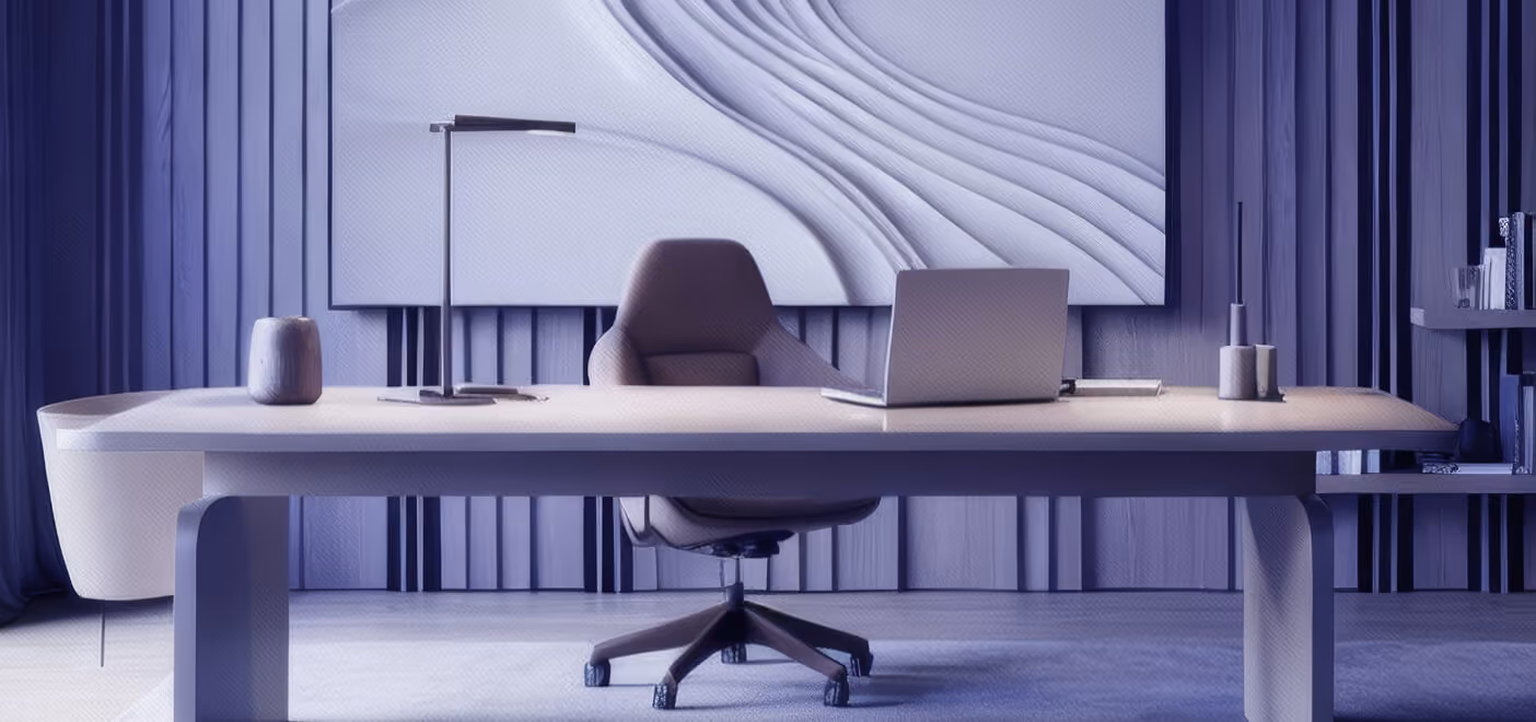 Modern minimalist office with a large desk, ergonomic chair, laptop, desk lamp, and decorative items, set against a textured vertical panel wall.