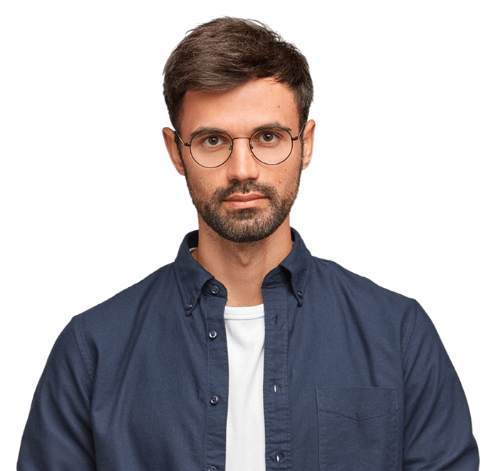 Waist up portrait handsome serious unshaven male keeps hands together dressed dark blue shirt