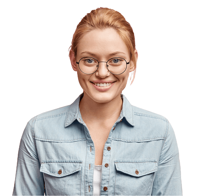 Portrait pleased attractive smiling female dressed fashionable denim jacket sees something appealing shop isolated