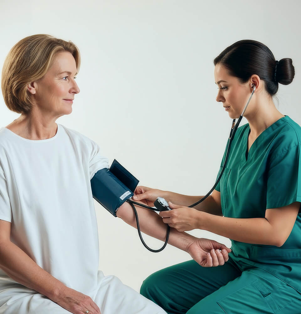 Nurse in green scrubs measuring blood pressure of a seated middle-aged woman with a cuff on her arm.
