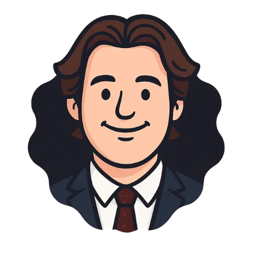 Cartoon of a man with brown hair in a suit and red tie smiling on black background.