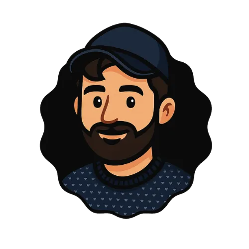 Cartoon avatar of a man with a beard, wearing a dark cap and a patterned sweater.