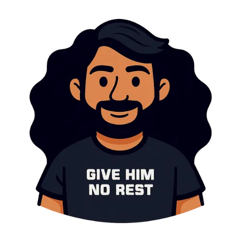 Cartoon man with black hair and beard wearing a shirt that says 'GIVE HIM NO REST'.