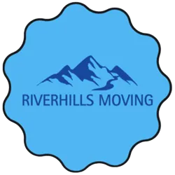 Logo with blue mountain silhouette above the text 'RIVERHILLS MOVING' on a blue scalloped background.