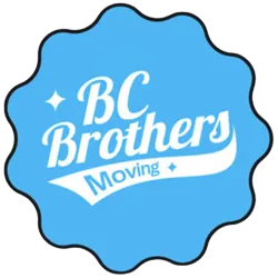 Logo of BC Brothers Moving in white text on a blue shaped background.
