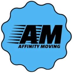 Affinity Moving logo with black stylized AM and blue background.