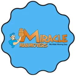 Logo with cartoon mover holding letter M for Miracle Man Movers and slogan We Make Moving Easy.