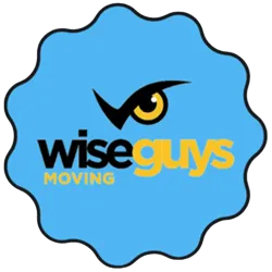 Wise Guys Moving logo with stylized black eye and text on a blue scalloped background.