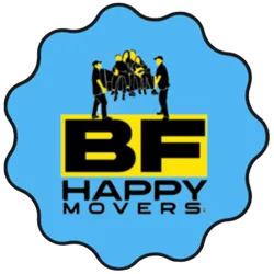 BF Happy Movers logo with two movers carrying boxes above bold BF letters on blue badge background.