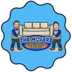 Two cartoon movers carrying a beige sofa with a sign reading The Movers and phone number.