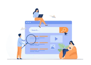 People interacting with a search engine interface, one with magnifying glass, another on laptop and phone.