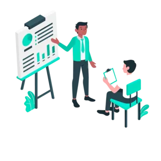 Person giving a presentation with charts on a board while another person takes notes.