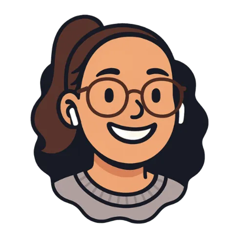 Cartoon smiling woman with glasses, a ponytail, and wireless earbuds wearing a gray sweater.