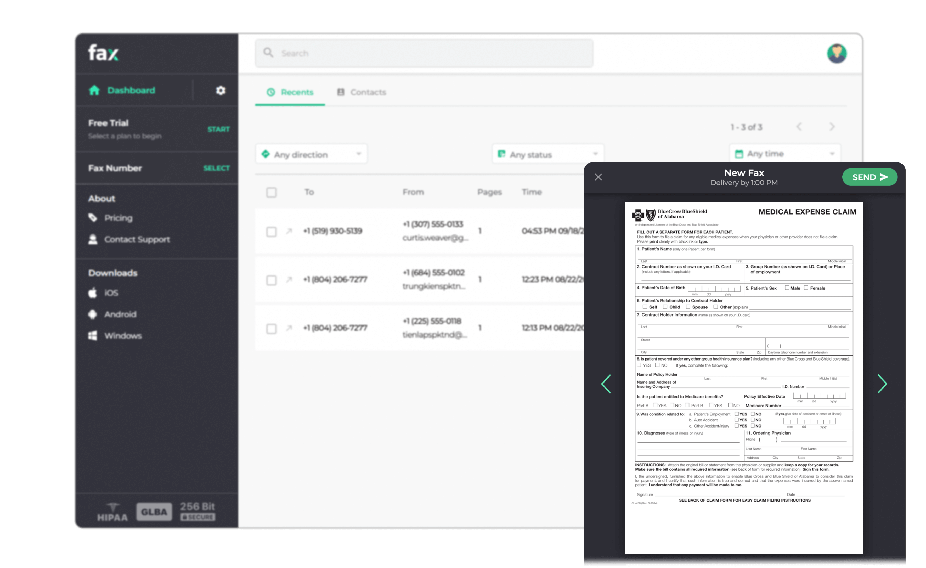 User interface of an online fax application showing a dashboard with fax history on the left and a new fax creation form on the right.
