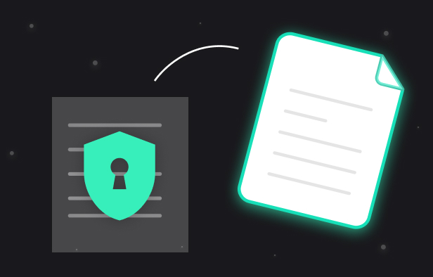 Illustration of a secure document with a shield and keyhole transforming into a glowing plain document.