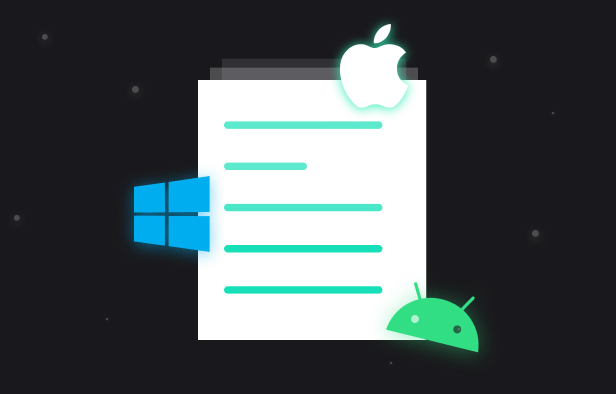 Document icon surrounded by glowing logos of Apple, Windows, and Android on a dark background.