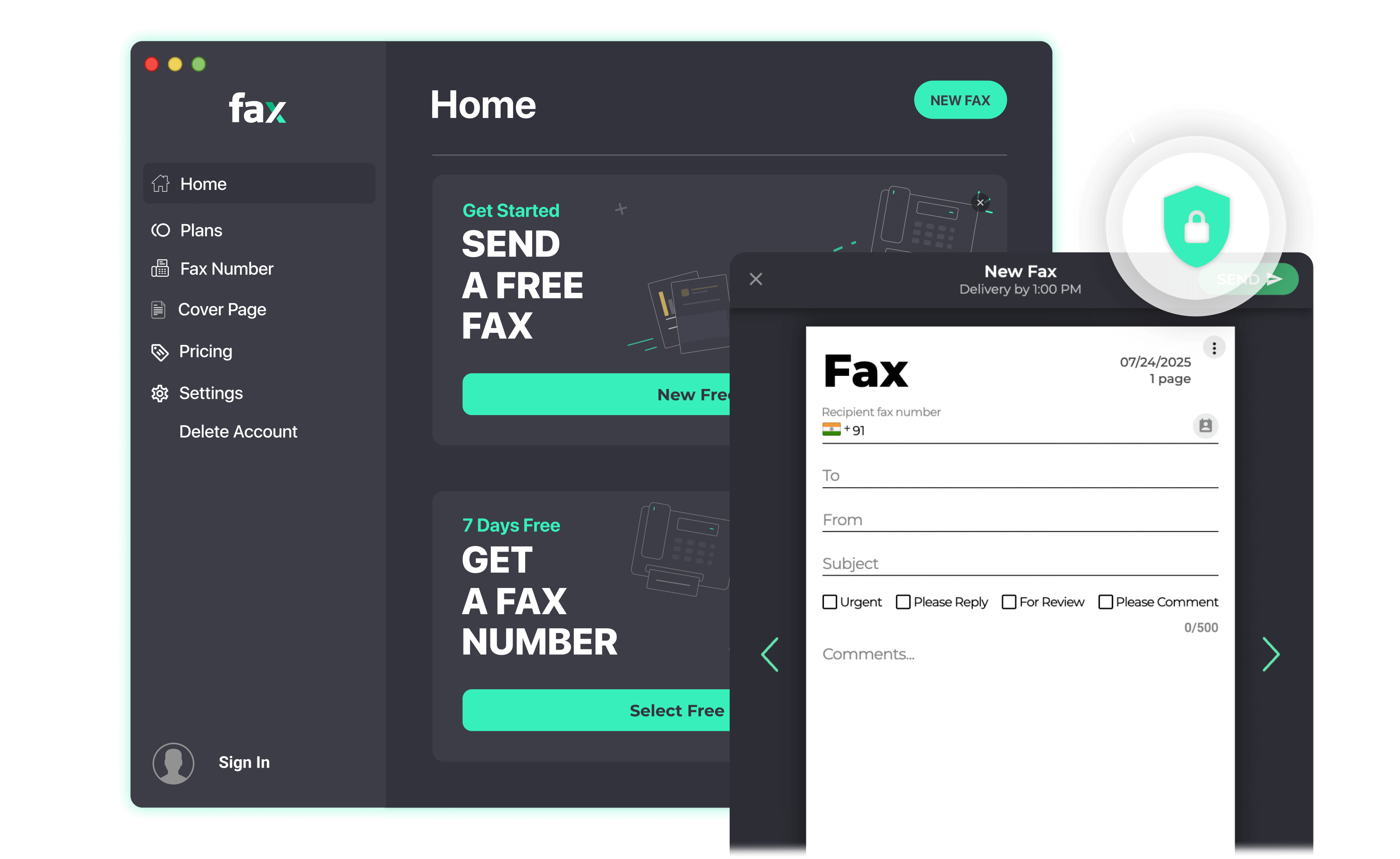 User interface for an online fax service showing options to send a free fax or get a fax number with a new fax form open for entering recipient, sender, subject, and comments.