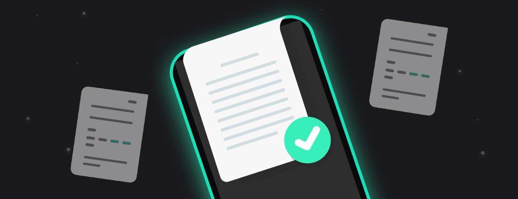 Illustration of a smartphone displaying a document with a checkmark, surrounded by two floating documents on a dark background.