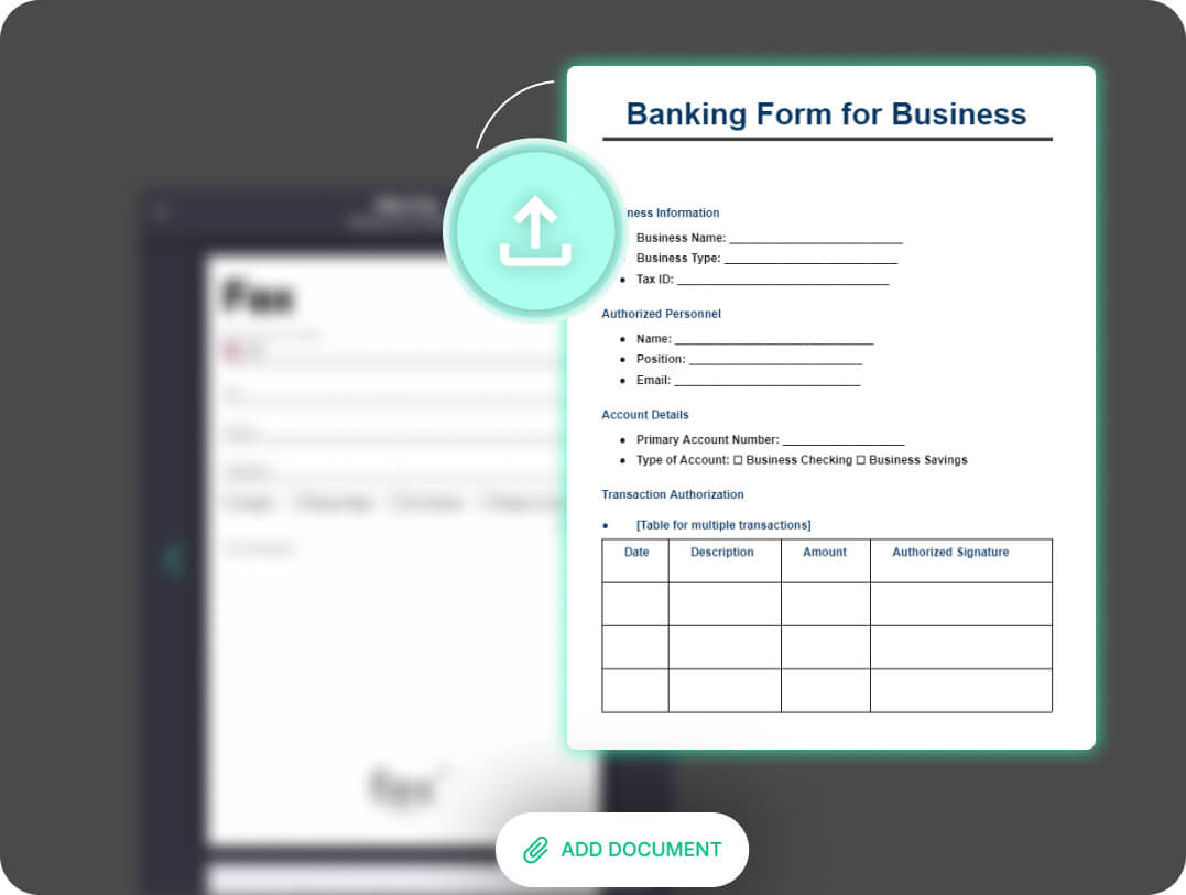 A digital interface showing a highlighted banking form for business with fields for business information, authorized personnel, account details, and transaction authorization, plus an 'Add Document' button.