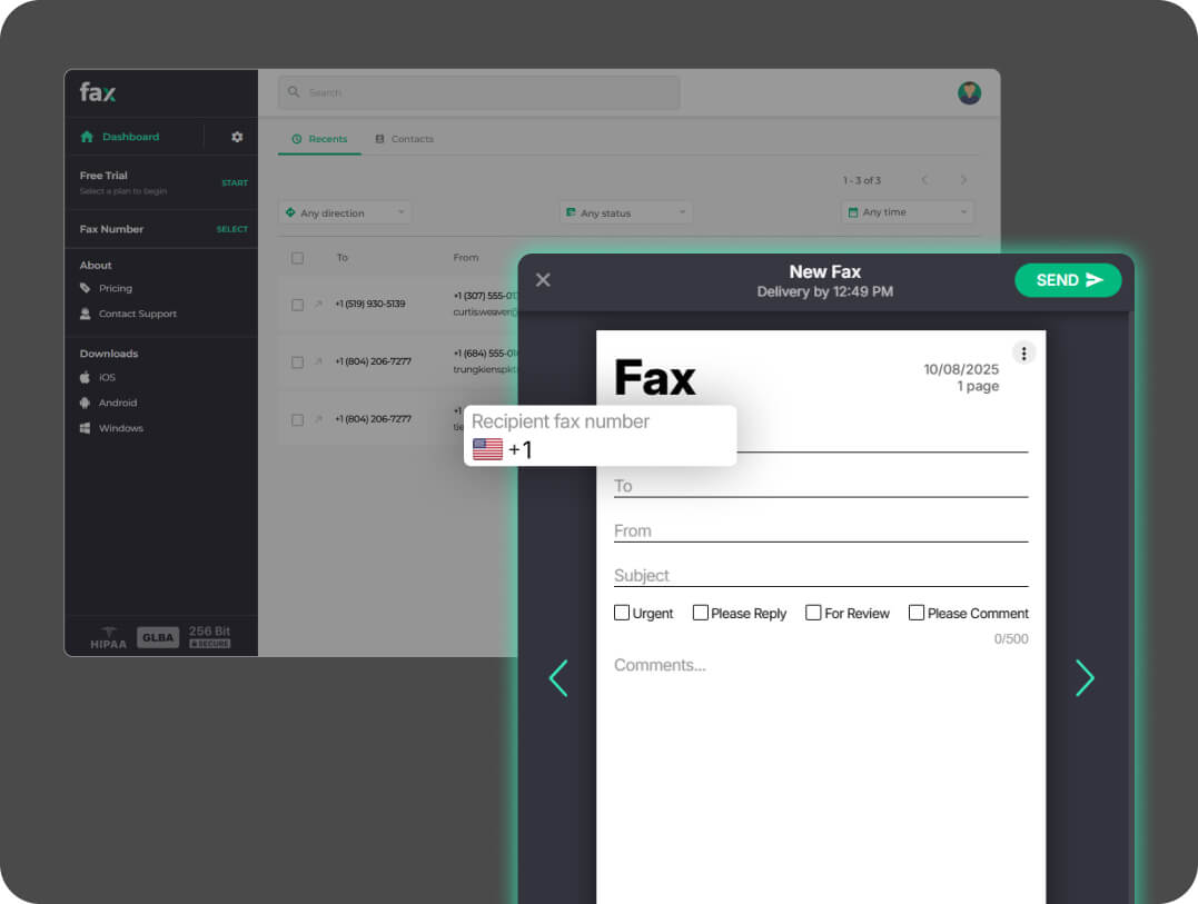 User interface of a fax service showing a new fax form with fields for recipient fax number, To, From, Subject, checkboxes for Urgent, Please Reply, For Review, Please Comment, and a send button.