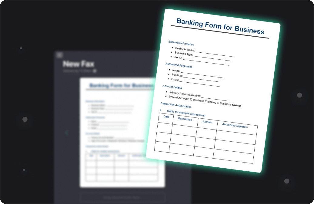 A digital interface showing a tilted 'Banking Form for Business' with fields for business info, authorized personnel, account details, and a transaction authorization table.