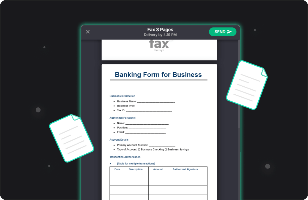 Digital interface showing a banking form for business on a tablet screen with a send button and floating document icons.