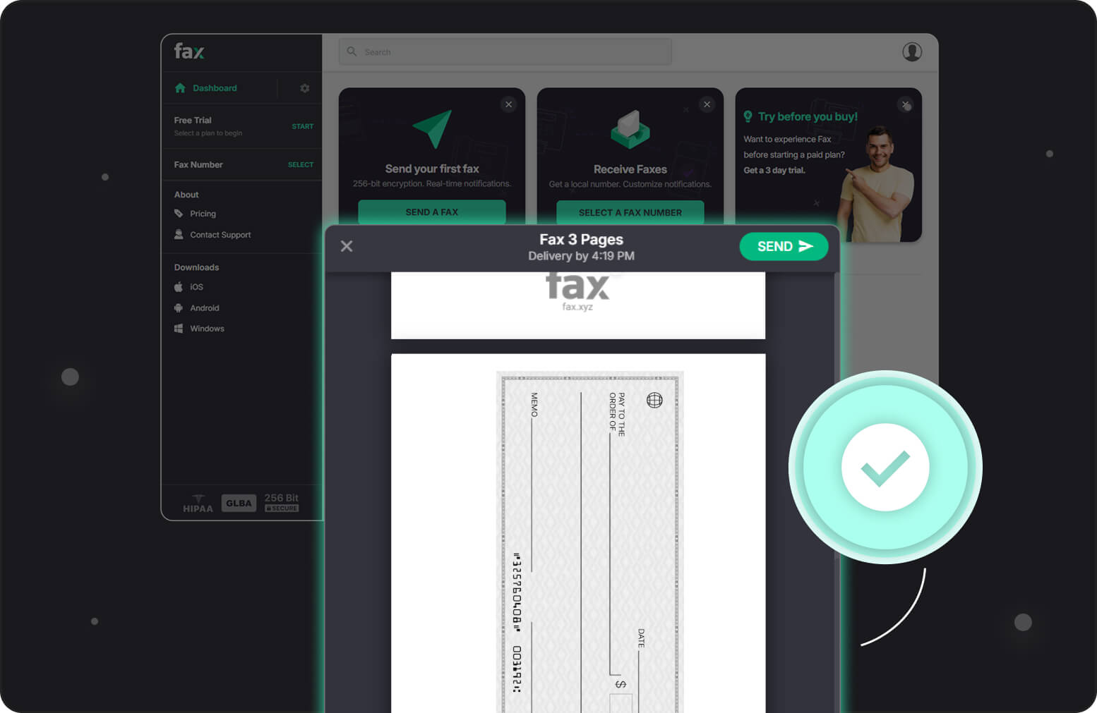 Screenshot of an online fax service interface showing a digital check document ready to send, with options to send a fax or select a fax number.