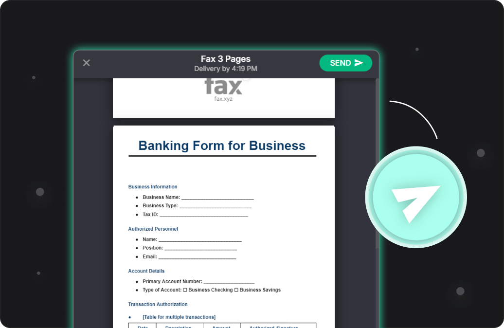 Digital interface displaying a fax preview of a three-page Banking Form for Business to be sent, with a prominent green 'Send' button and a large paper plane icon.