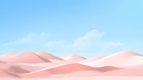 Soft pink sand dunes under a clear blue sky with scattered fluffy white clouds.