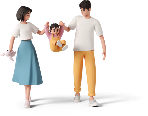 Parents holding a child by the hands, lifting the child between them as they walk together.