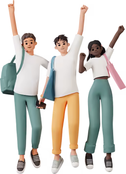 Three diverse young people holding hands and raising fists, wearing casual clothes and backpacks.