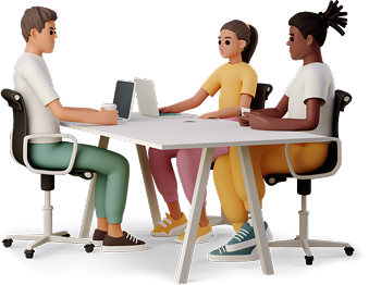 Three diverse professionals sitting at a table working on laptops and holding coffee cups.