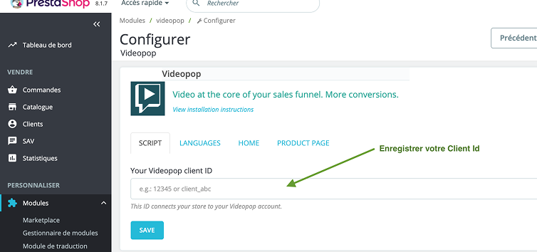 Configuration du module Prestashop Videopop