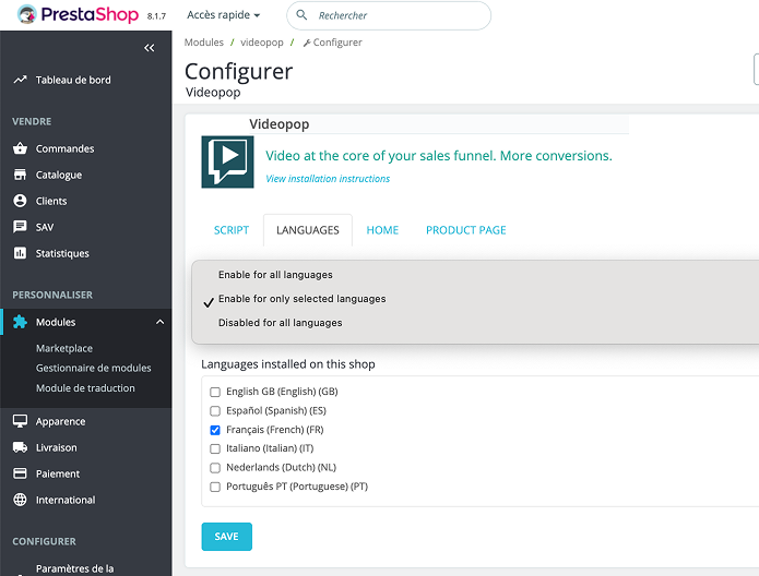 Configuration du module Prestashop Videopop
