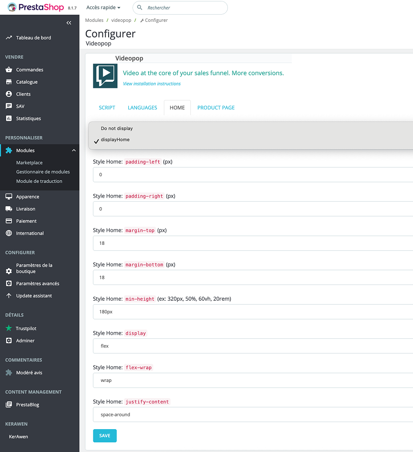 Configuration du module Prestashop Videopop