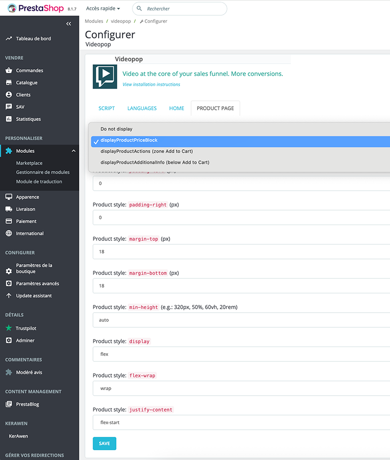 Configuration du module Prestashop Videopop