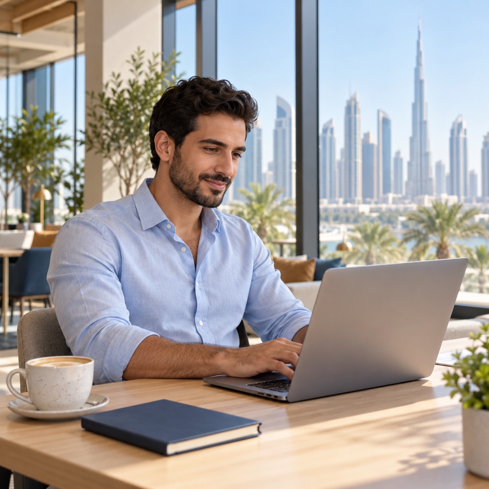 Dubai'de laptopla çalışan freelancer