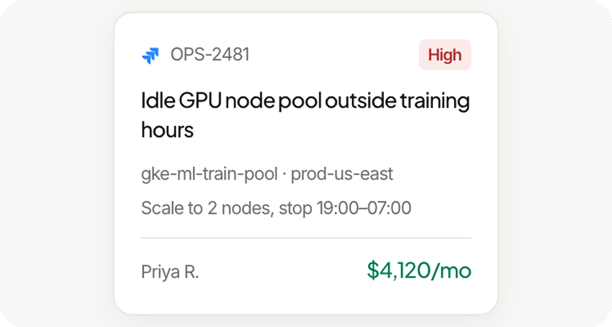 Cost optimization ticket showing an idle GPU node pool, recommended action, owner and estimated monthly savings. 