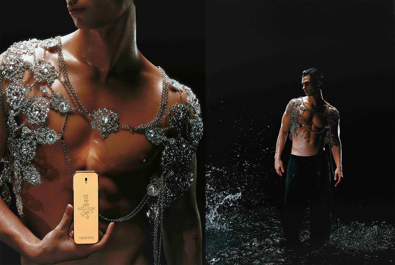Artfully staged fashion image styled by Bianca Fleisch x Paco Rabanne plus detailed shot of the paco rabanne one million fragrance 