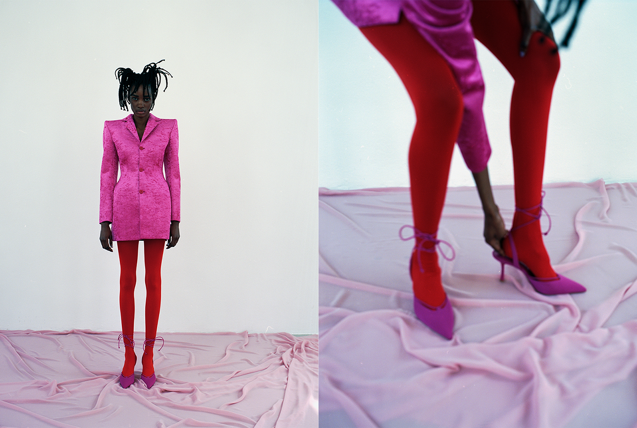 Fashion editorial with unique styling by Bianca Fleisch plus focus on the styling pink excotic looks moody lights but awake plus detailed shot of the models shoes and lower body