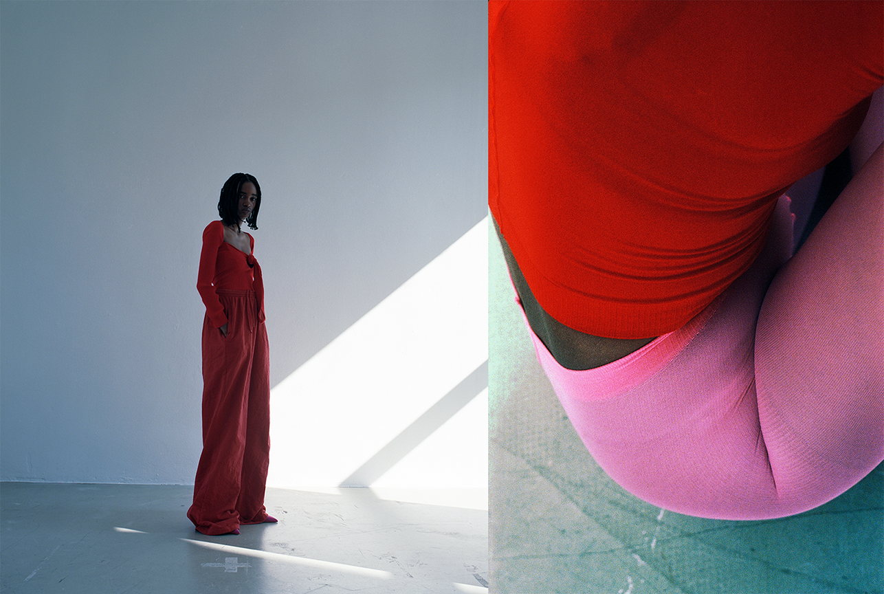 Fashion editorial with unique styling by Bianca Fleisch plus focus on the styling pink excotic looks moody lights but awake plus detailed lower body shot