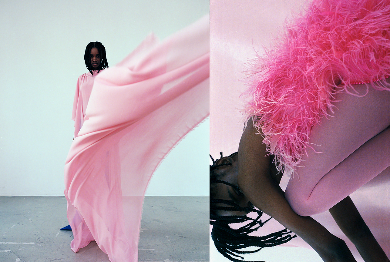 Fashion editorial with unique styling by Bianca Fleisch plus focus on the styling pink excotic looks moody lights but awake
