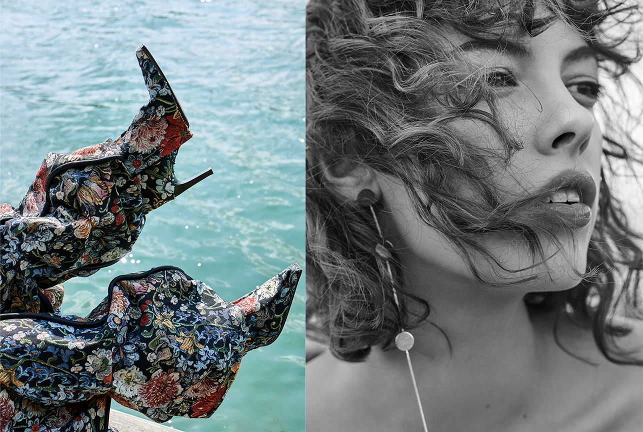 Artfully staged fashion image styled by Bianca Fleisch plus Detail shot of a styled outfit by Bianca Fleisch plus portrait of the model in the right image black and white wind blowing through her hair 